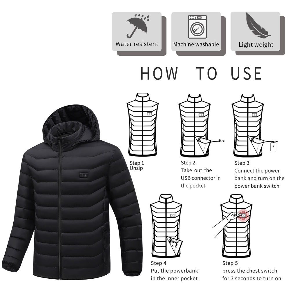 Men’s Heated Jacket – 9 Heating Zones, 3 Heat Levels (Up to 131°F) | USB Powered, Water-Resistant, Lightweight Winter Coat With Hood